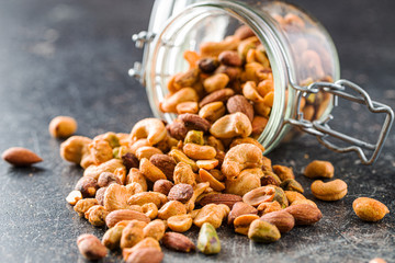 Spicy flavoured nuts. Mix of nuts.