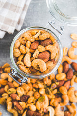 Spicy flavoured nuts. Mix of nuts.