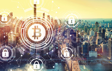 Bitcoin security theme with the New York City skyline near midtown