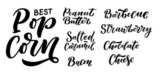 Pop corn lettering set. Logo template. Food typography for banner and promo design. background. Vector