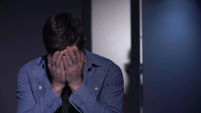 Sad male deeply crying in room, female kid watching deplorable father, loss pain