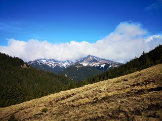 Mountains landscape in early spring - snow in the mountains 