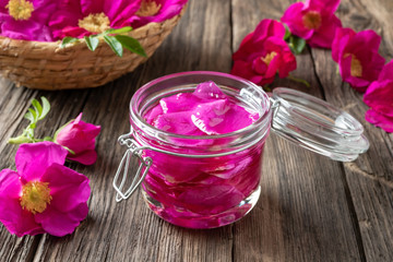 Rugosa rose petals macerating in almond oil