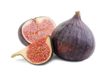 Blue violet ripe fig and pieces a fig isolated on white background.