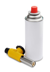 Naklejka premium Manual gas torch burner (blowtorch) for camping, soldering or repair and gas spray can isolated on white background. Serie of tools.