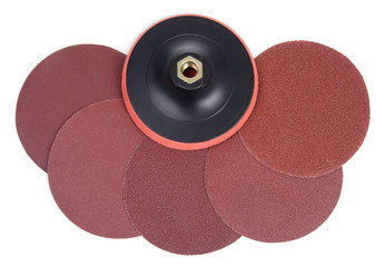 Set of round sandpaper discs with different grain types and plastic bracket handle with velcro tape...