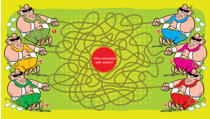 Puzzle maze with several athletes who pull the rope. Vector illustration for educational and entertainment programs for children.