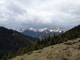 Mountains landscape in early spring - snow in the mountains 