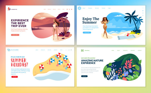 Set of flat design web page templates of summer vacation, travel destination, nature, tourism. Modern vector illustration concepts for website and mobile website development. 
