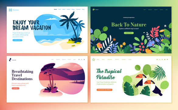 Set Of Flat Design Web Page Templates Of Summer Vacation, Travel Destination, Nature, Tourism. Modern Vector Illustration Concepts For Website And Mobile Website Development. 