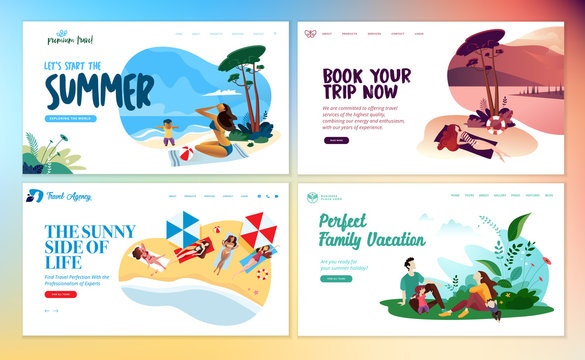 Set of flat design web page templates of summer vacation, travel destination, nature, tourism. Modern vector illustration concepts for website and mobile website development. 