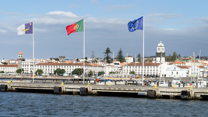 Boats and ships in the harbor of Ponta Delgada on Sao Miguel island, Azores