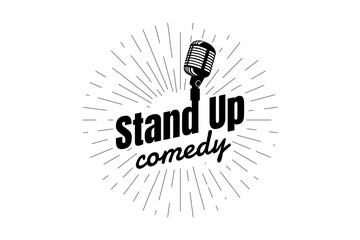 Stand up comedy night live show sign. Retro microphone with inscription and diverging linear rays. Vintage vector illustration - obrazy, fototapety, plakaty