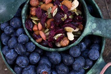 Macro photo of blueberry in a bowl. Macro photo of seeds and nuts.