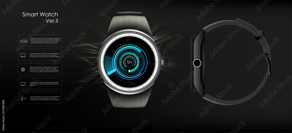 Poster vector realistic illustration of smart watch, technology functions and template text. smart watch ve