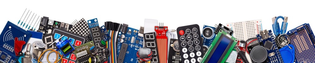 wide panorama banner collage with copy space of microcontroller board display sensor button switches cable wire accessories and equipment electronics concept panorama isolated white background