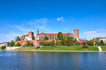 Naklejka na ściany i meble Panoramatic view of Wawel Castle via Vistula river in Krakow city, Poland