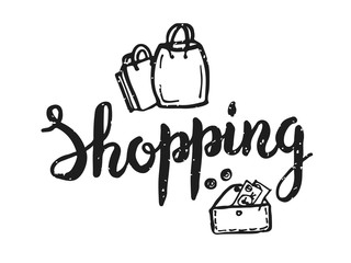 Hand written shopping word with drawing elements. Ink lettering for shopping.