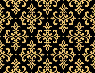 Wallpaper in the style of Baroque. Seamless vector background. Gold and black floral ornament. Graphic pattern for fabric, wallpaper, packaging. Ornate Damask flower ornament