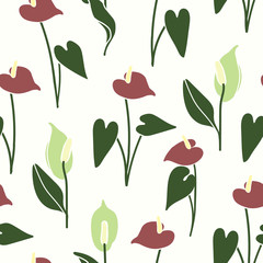 Seamless background with anthurium and spathiphyllum plant. Drawing beautiful floral exotic pattern for print.