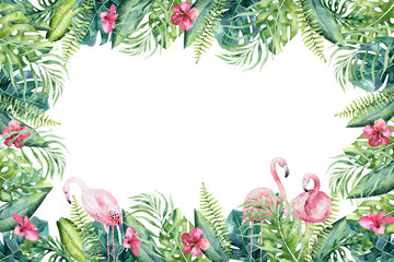 Fototapeta na wymiar Hand drawn watercolor tropical invirtation backgraund of flamingo. Exotic rose bird illustrations, jungle tree, brazil trendy art. Perfect for fabric design. Aloha collection.
