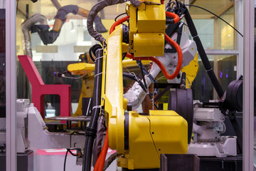 Moving part of robotic arm machine tool at industrial manufacture factory