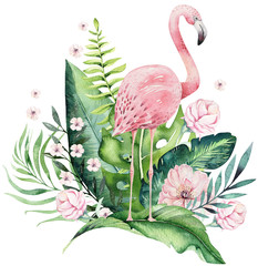 Hand drawn watercolor tropical birds set of flamingo with leaves. Exotic rose bird illustrations, jungle tree leaf, weddihg invitation. Perfect for fabric design. Aloha collection. © kris_art