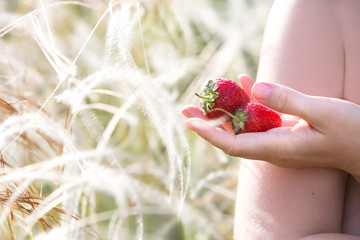 Obraz premium young beautiful woman with strawberry on the background of wild nature