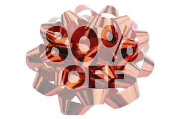 80 percent off highlighted against the backdrop of a red gift bend