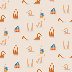 Swimmimg people seamless pattern on light background. Flat vector illustration