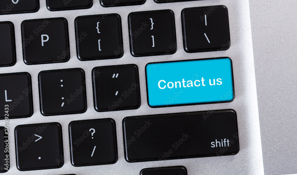 Poster Text Contact us on blue button of conputer keyboard