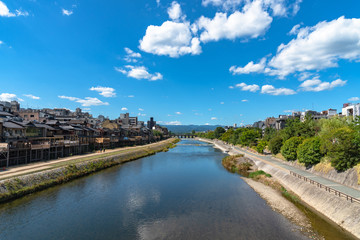 Fototapeta premium Beautiful scenery of Kamo River or Kamogawa in Kyoto City, Japan. Ancient wooden houses on the riverbanks are transformed into restaurants, a popular walking spots for residents and tourist.