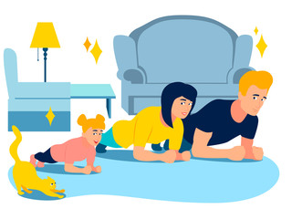 Exercise Plank. Sports family and animals. In minimalist style Cartoon flat Vector