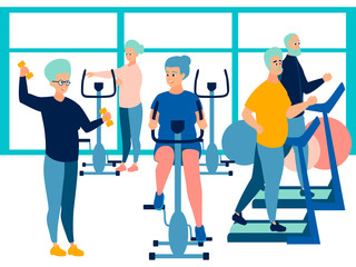 People, pensioner in the gym. training on simulators. In minimalist style Cartoon flat Vector