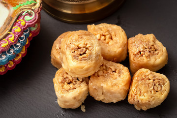 Traditional arabic delight sweets with cashew nuts. Eastern sweets. Close up.