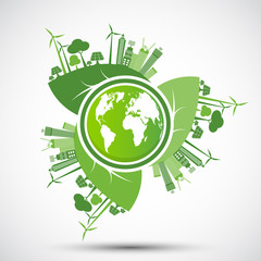 Ecology and Environmental Concept,Earth Symbol With Green Leaves Around Cities Help The World With Eco-Friendly Ideas,Vector Illustration