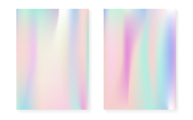 Holographic cover set with hologram gradient background. 90s, 80s retro style. Pearlescent graphic template for placard, presentation, banner, brochure. Stylish minimal holographic cover.