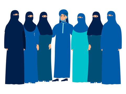 Muslim family, man with a harem. In minimalist style Cartoon flat Vector, isolated on white background