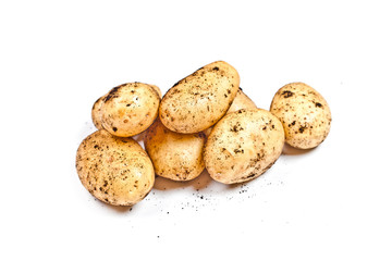 Newly harvested dirty potatoes heap isolated on white background.