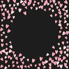 Pink glitter confetti with hearts on isolated backdrop. Falling sequins with shimmer and sparkles. Design with pink glitter confetti for greeting card, bridal shower and save the date invite.