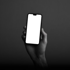 Hand holding modern smartphone with a blank white screen