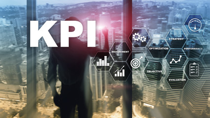 KPI - Key Performance Indicator. Business and technology concept. Multiple exposure, mixed media. Financial concept on blurred background