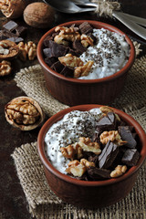Chia yogurt, black chocolate and walnuts. Keto breakfast. Keto diet.