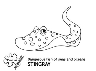 Stingray. Dangerous fish of seas and oceans. Coloring for kids. Vector
