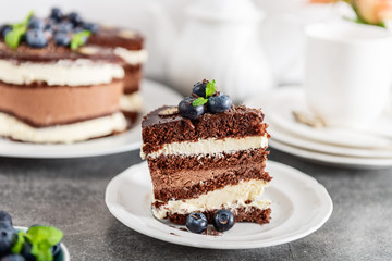 Belgian Chocolate Layered Gateau. Layers of moist choco sponge, vanilla cream and indulgent dark chocolate mousse glazed with rich dark chocolate sauce and hand decorated with fresh blueberries