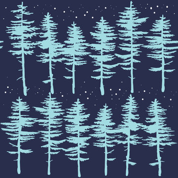 Seamless pattern with Christmas trees and pine trees . vector drawing by hand. Background in the Scandinavian style .