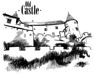 Old castle on the hill . Vector freehand drawing , engraving .