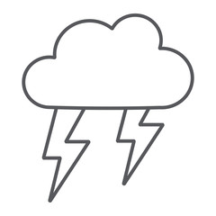 Thunderstorm thin line icon, weather and forecast, storm sign, vector graphics, a linear pattern on a white background.