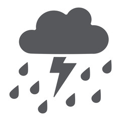 Thunderstorm with rain glyph icon, weather and forecast, thunder sign, vector graphics, a solid pattern on a white background.