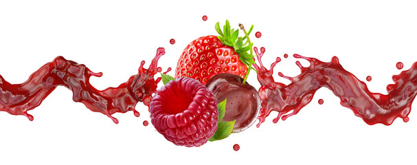 weet tasty fresh ripe strawberry raspberry, cherry juice mix splash wave with strawberry, cherry and raspberry. Red berry juice splashing with forest fruits banner or label. 3D render